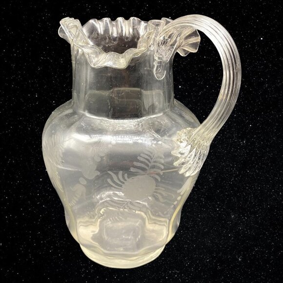 Art Glass Etched Ruffled Edge Applied Handle Pitcher Hand Blown 9”T 6.5”W - Picture 5 of 8